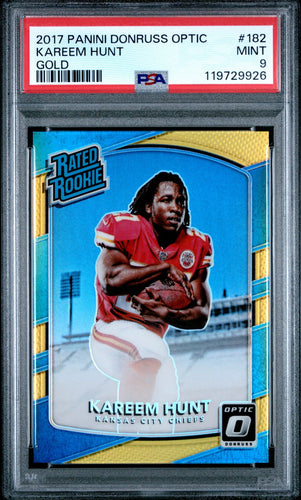 2017 Panini Donruss Optic Football Card Kareem Hunt Gold RC /10 PSA 9