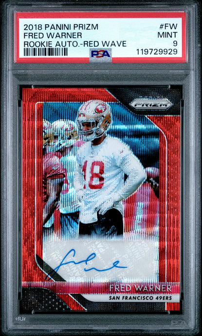 2018 Panini Prizm Football Card Fred Warner Red Wave Rookie Auto /199 PSA 9