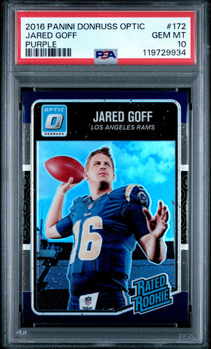 2016 Panini Donruss Optic Football Card Jared Goff Purple Holo Prizm RC #172 PSA 10