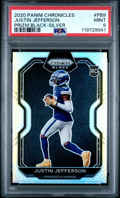 2020 Panini Chronicles Football Card Justin Jefferson Prizm Black Silver RC #PB9 PSA 9