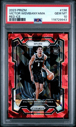 2023-24 Prizm Basketball Card Victor Wembanyama Red Ice Prizm RC #136 PSA 10