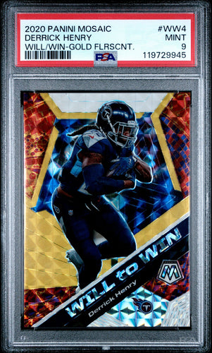 2020 Panini Mosaic Football Card Derrick Henry Will To Win Gold Fluorescent Prizm 20/20 PSA 9