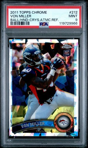 2011 Topps Chrome Football Card Von Miller Crystal Atomic Refractor /139 RC #212 (Ball in Hands) PSA 9
