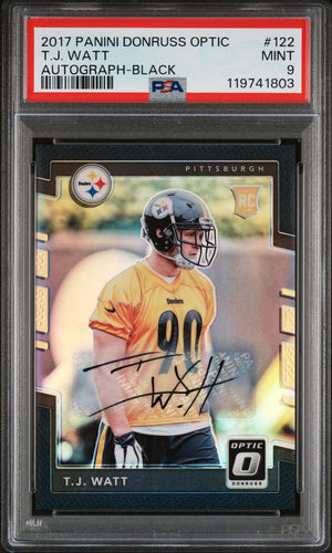 2017 Panini Donruss Optic Football Card T.J. Watt Black Holo Rookie Auto /25 PSA 9