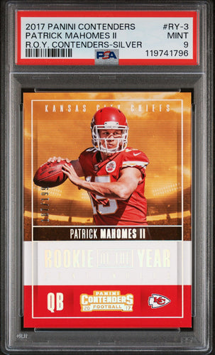 2017 Panini Contenders Football Card Patrick Mahomes Rookie of The Year Silver /199 PSA 9