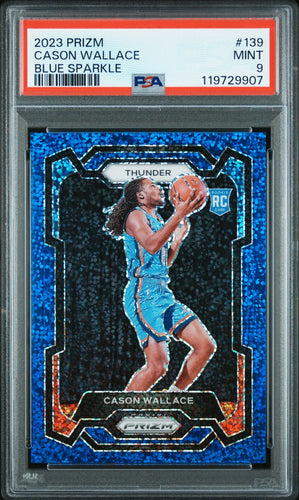 2023-24 Prizm Basketball Card Cason Wallace Blue Sparkle Prizm RC /144 PSA 9
