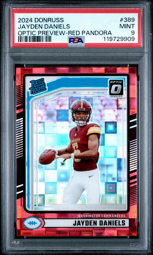 2024 Panini Donruss Football Card Jayden Daniels Optic Preview Red Pandora Rated Rookie PSA 9