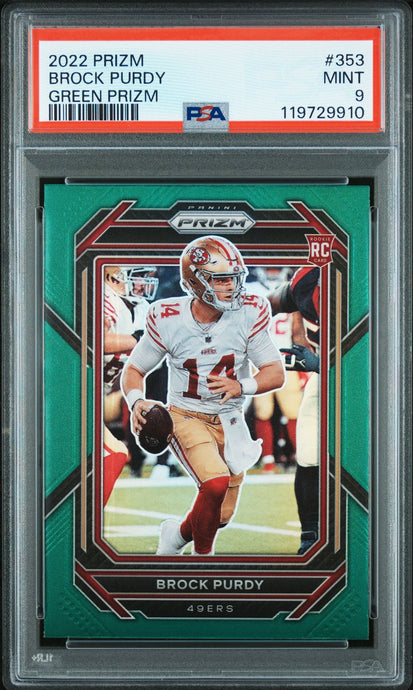 2022 Panini Prizm Football Card Brock Purdy Green Prizm RC 353 PSA 9