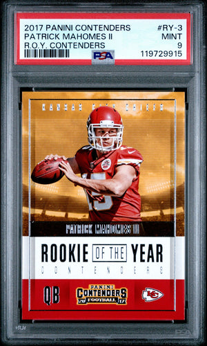 2017 Panini Contenders Football Card Patrick Mahomes Rookie of The Yea PSA 9