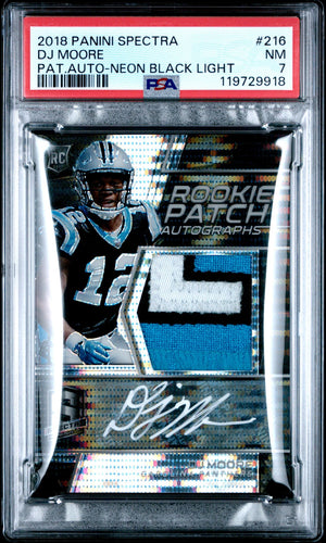2018 Panini Spectra Football Card DJ Moore Rookie Patch Auto RPA Blacklight /10 PSA 7