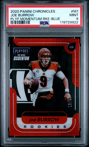 2020 Panini Chronicles Football Card Joe Burrow Playoff Momentum Blue RC /99 PSA 9