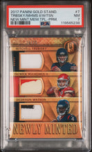 2017 Gold Standard Football Card Mitchell Trubisky Deshaun Watson Patrick Mahomes Jersey Number Triple Memorabilia Patches Newly Minted Prime 15/25 PSA 7