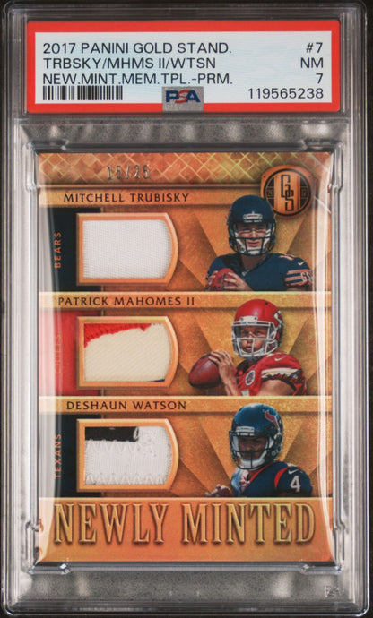 2017 Gold Standard Football Card Mitchell Trubisky Deshaun Watson Patrick Mahomes Jersey Number Triple Memorabilia Patches Newly Minted Prime 15/25 PSA 7